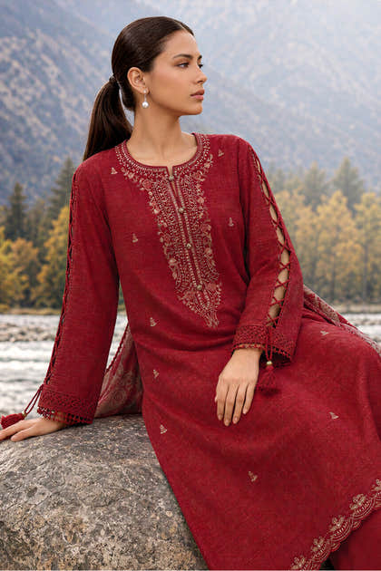 Maroon Matka Silk Embroidered Unstitched Suit Material