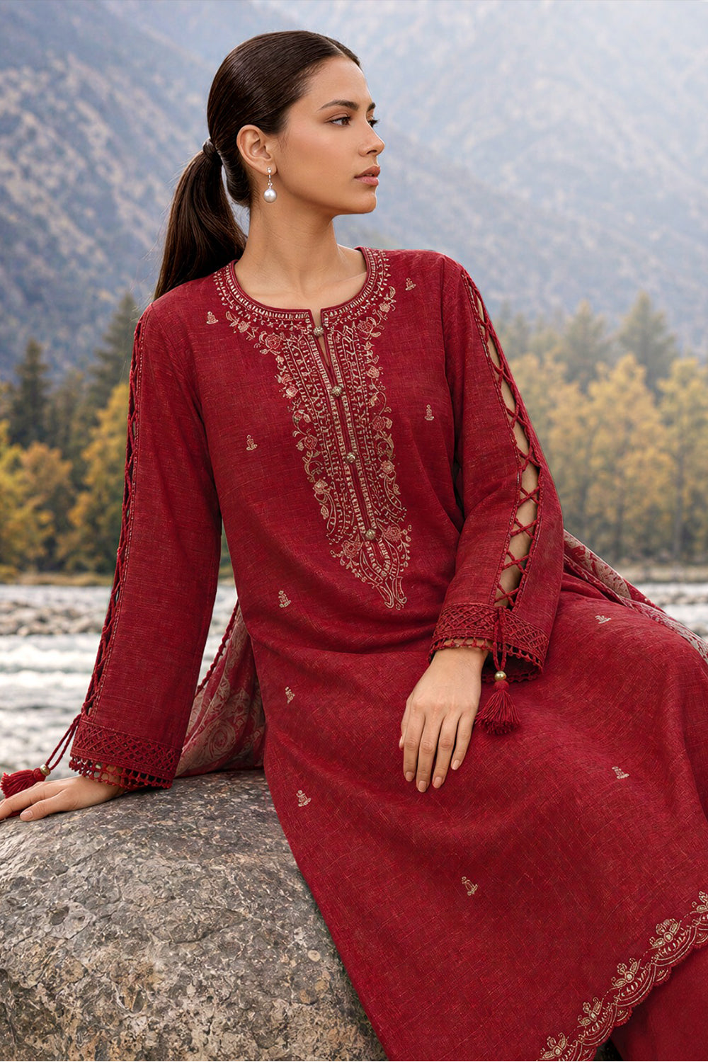 Maroon Matka Silk Embroidered Unstitched Suit Material