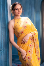 Pale Yellow Pure Georgette Resham, Zari and Sequins Embroidered Saree