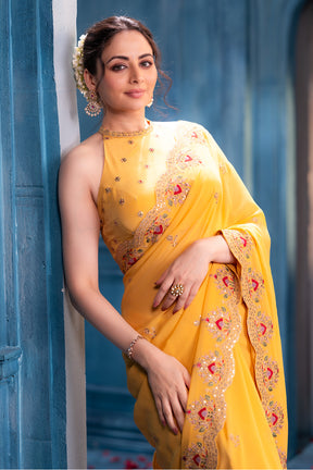Pale Yellow Pure Georgette Resham, Zari and Sequins Embroidered Saree