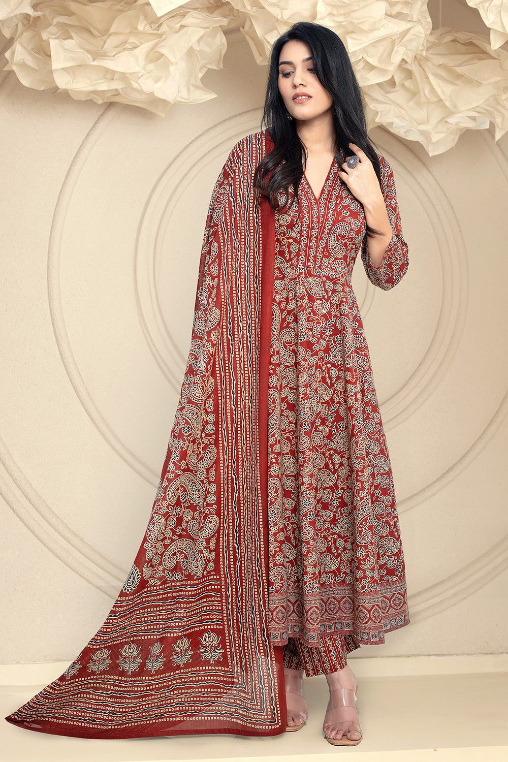 Maroon Cotton Printed Anarkali Suit Set