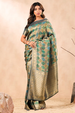 Teal Color Banarasi Woven Silk Saree
