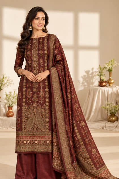 Maroon Digital Printed Velvet Unstitched Suit Fabric