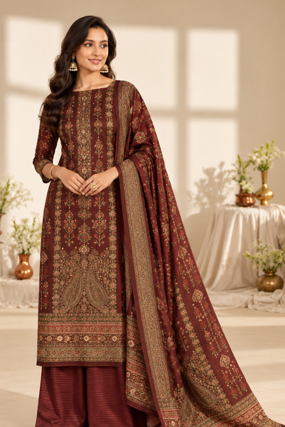 Maroon Digital Printed Velvet Unstitched Suit Fabric