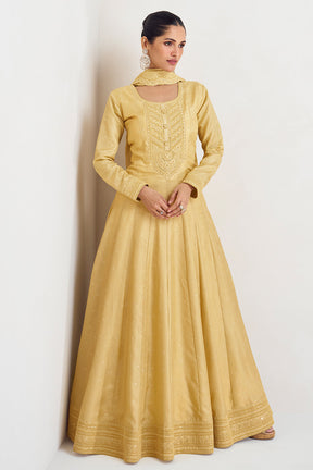 Lemon Yellow Color Silk Embroidered Anarkali Kurti