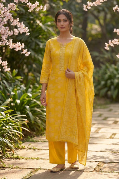 Mustard Muslin Printed Straight Suit