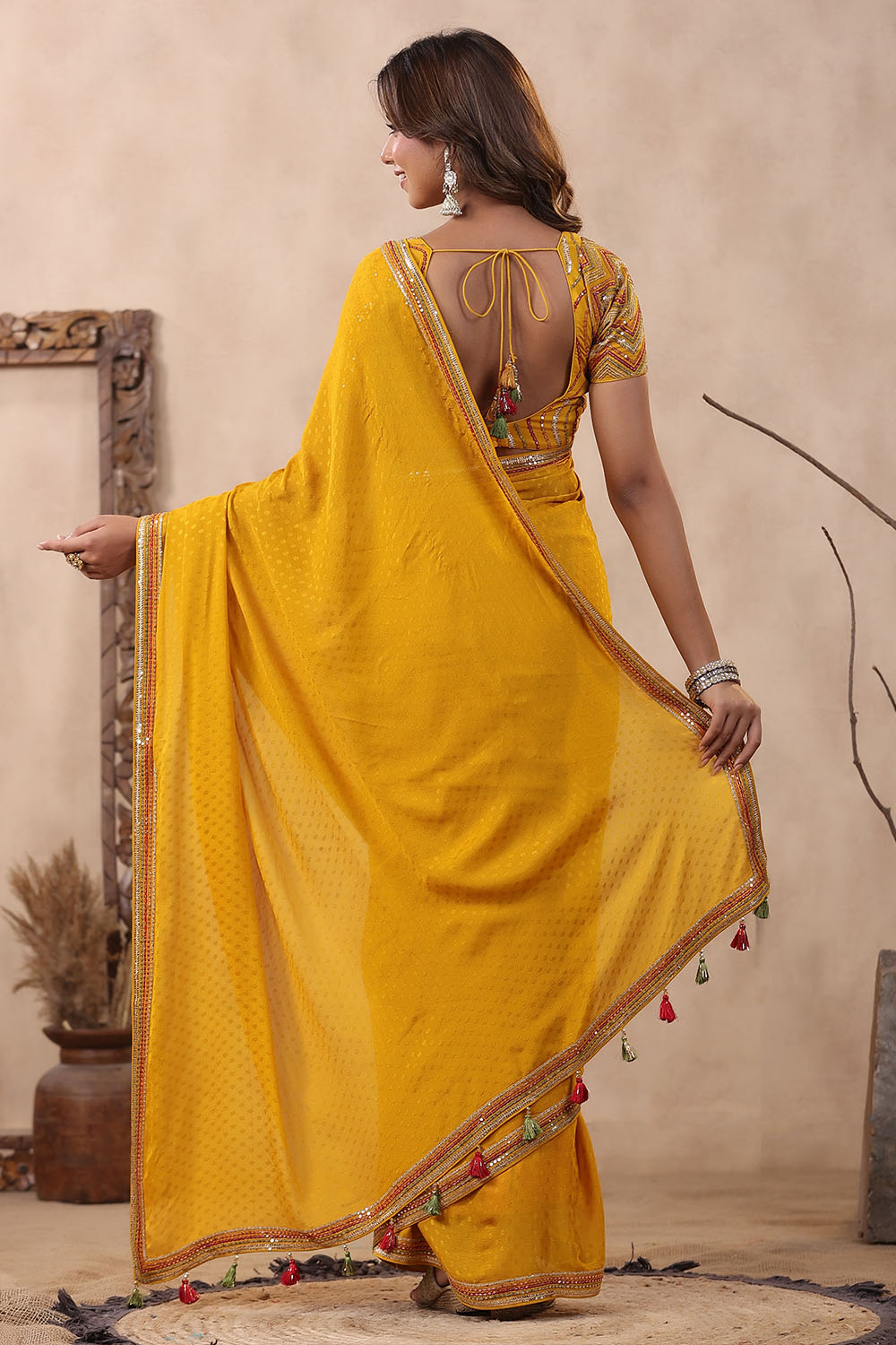 Mustard Color Jacquard Crepe Woven Saree With Readymade Blouse