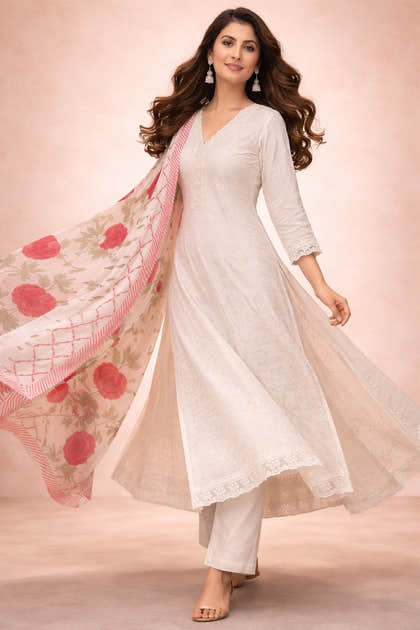 White Cotton Embroidered And Lace Work Suit Set