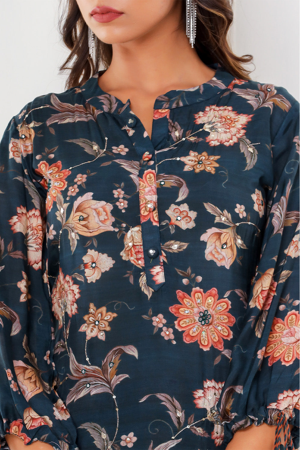 Midnight Teal Color Muslin Floral Printed Co-Ord Dress
