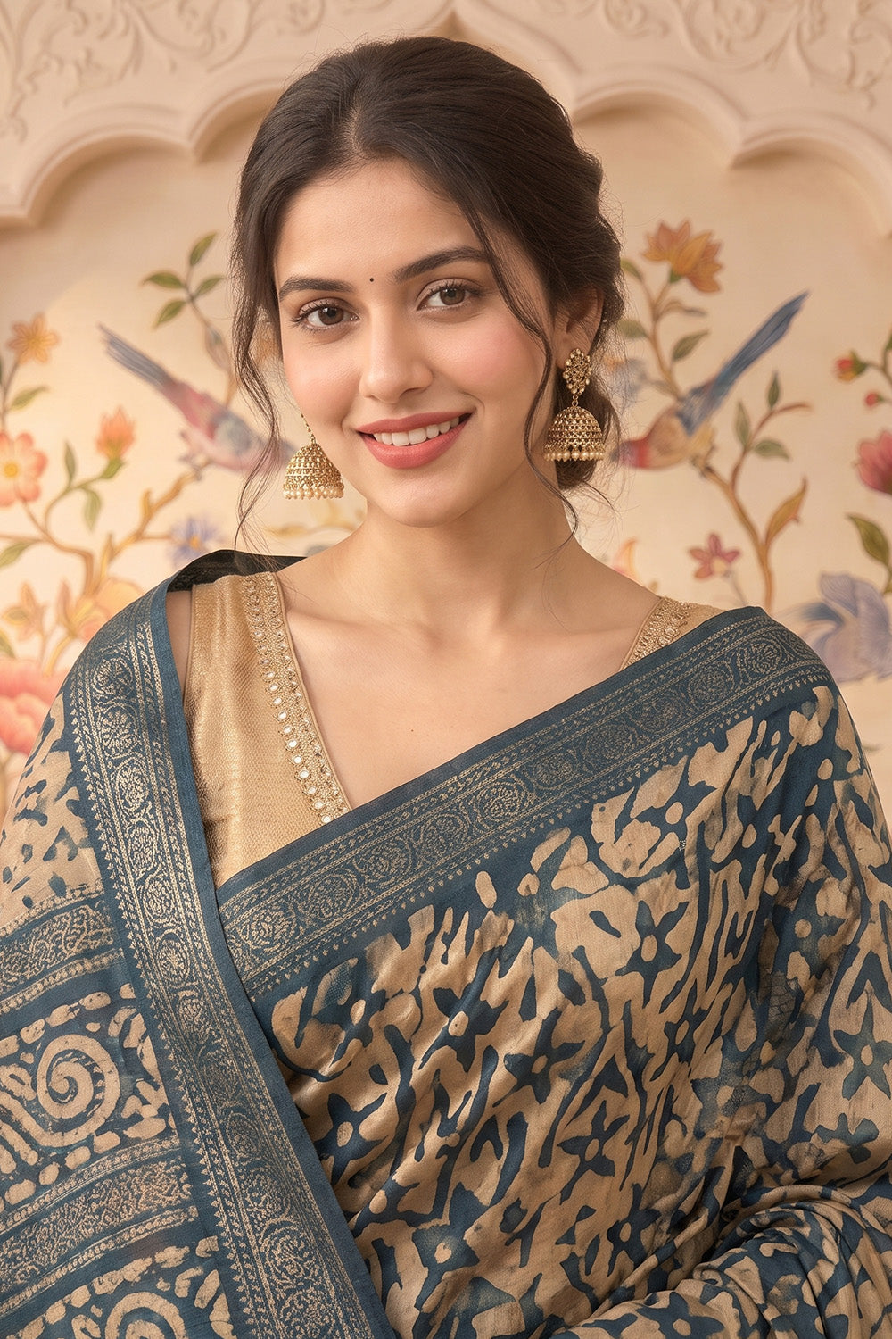 Teal And Beige Cotton Printed And Woven Border Saree