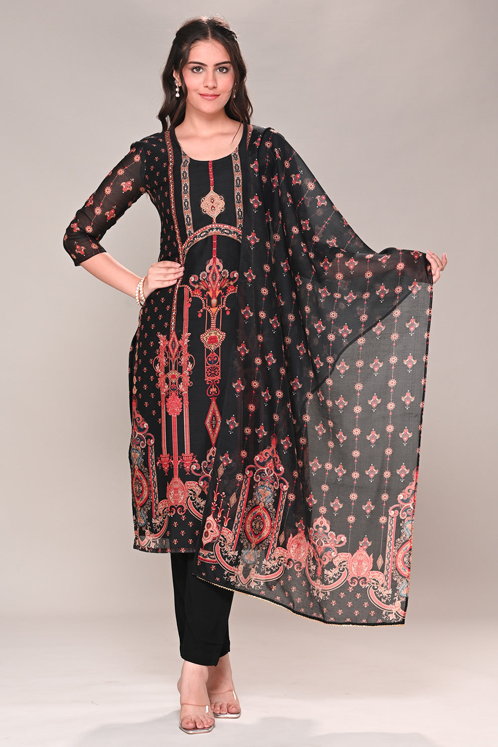 Black Chanderi Silk Printed Straight Suit