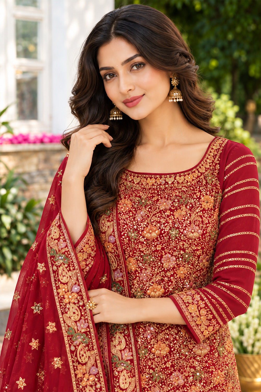 Maroon Floral Embroidered Georgette Unstitched Suit Material