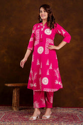 Magenta Block Printed Cotton Printed Kurta Set