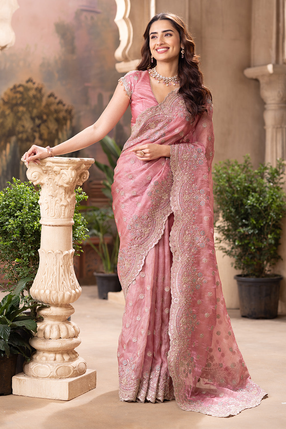 Dusty Pink Metallic Tissue Embroidered Saree