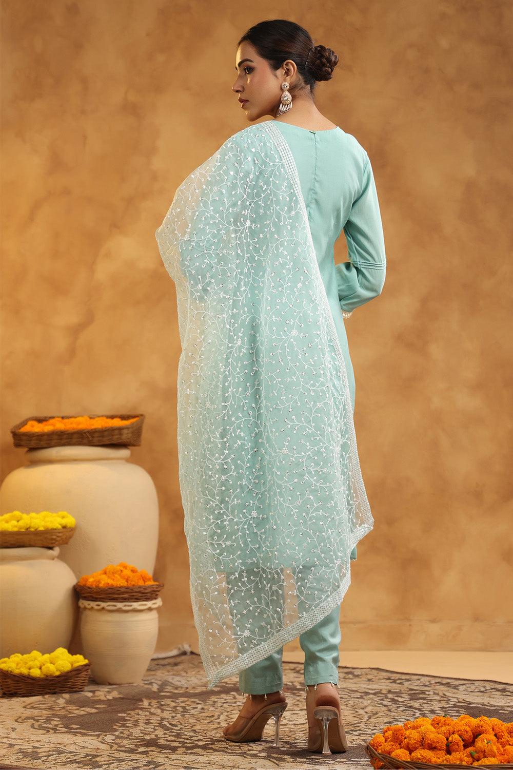 Powder Blue Color Cotton Neck Embroidered Unstitched Suit Fabric