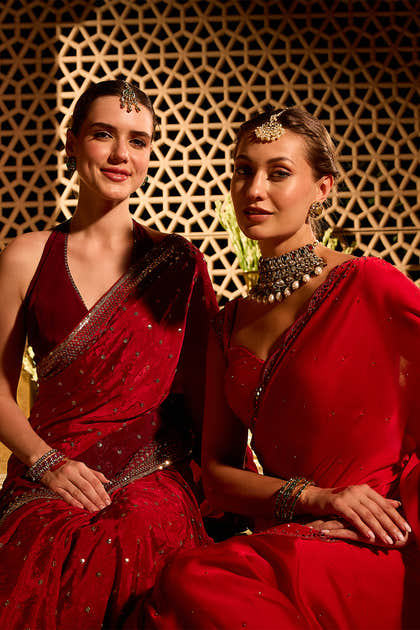 Red Crepe Floral Woven And Embroidered Saree