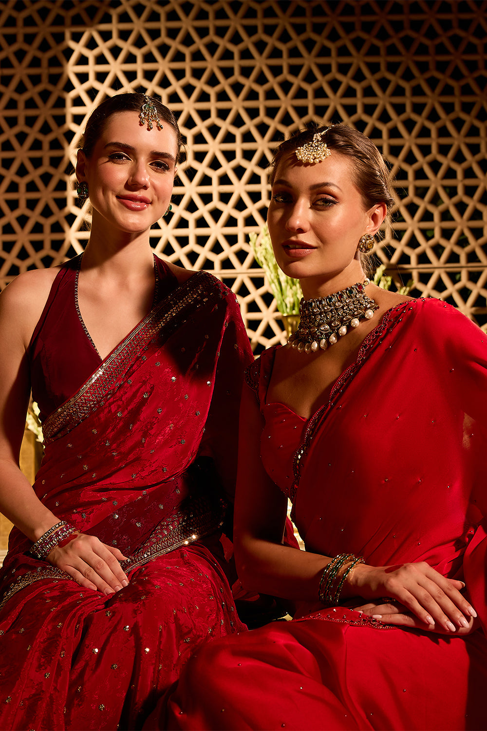 Red Crepe Floral Woven And Embroidered Saree