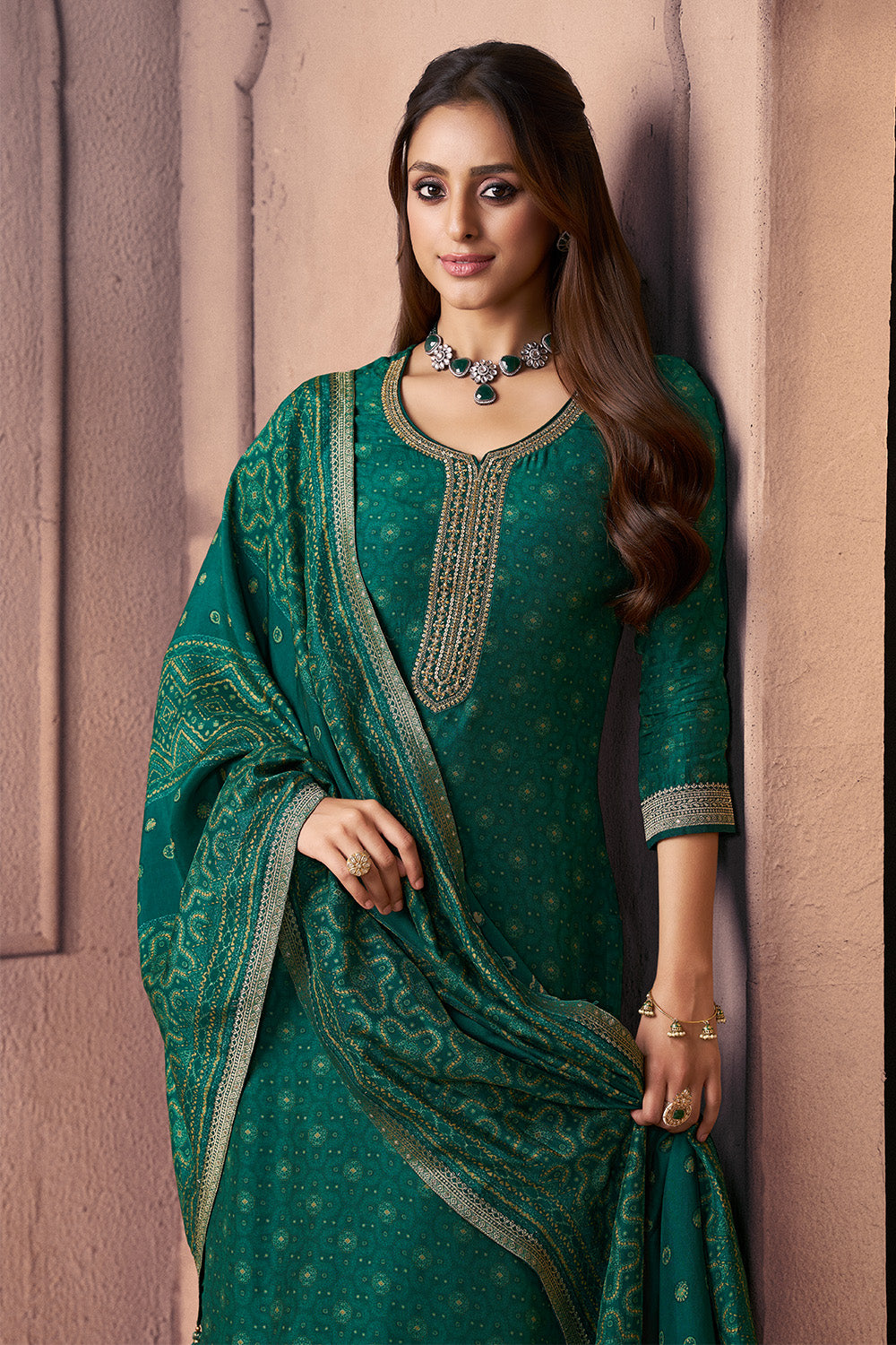 Teal Green Neck-Embroidered And Printed Suit Set