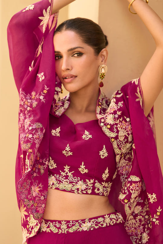 Magenta Organza Embroidered Crop-Top Dress With Shruge Stlye Dupatta And Palazzo