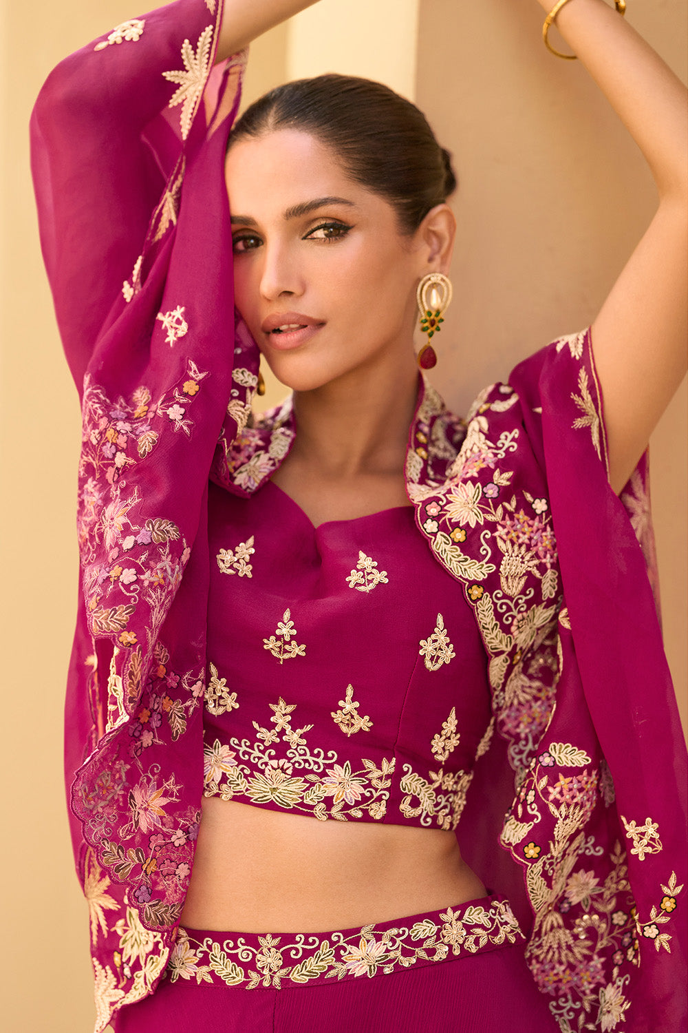 Magenta Organza Embroidered Crop-Top Dress With Shruge Stlye Dupatta And Palazzo