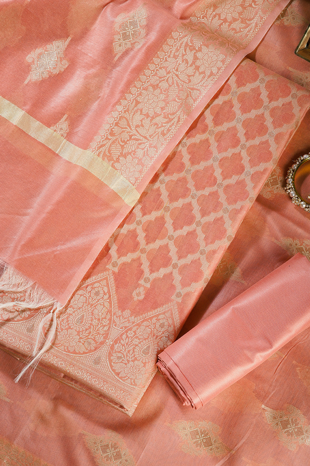 Peach Color Chanderi Cotton Woven Unstitched Suit Fabric