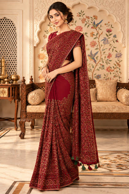 Maroon Heavy Embroidered Georgette Saree