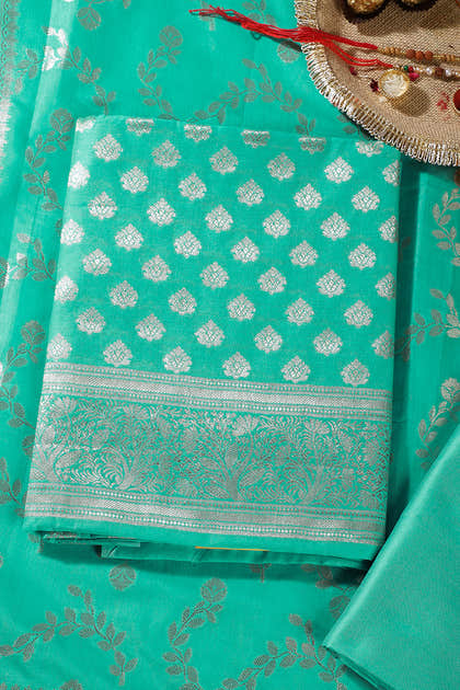 Sea Green Silk Zari Woven Unstitched Suit Fabric