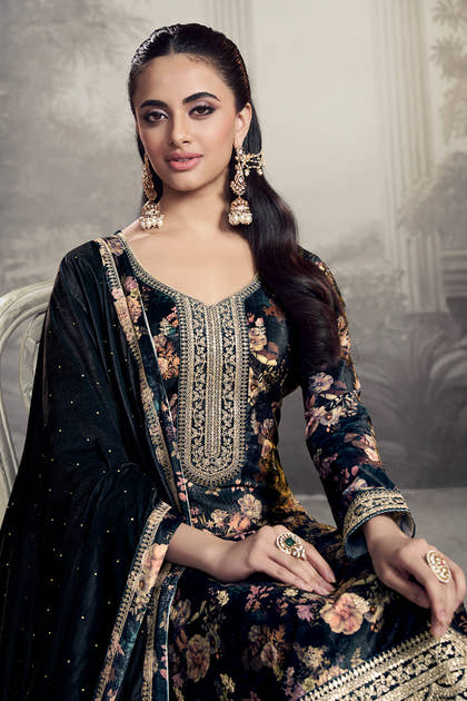 Grey Velvet Floral Printed And Embroidered Unstitched Suit Fabric