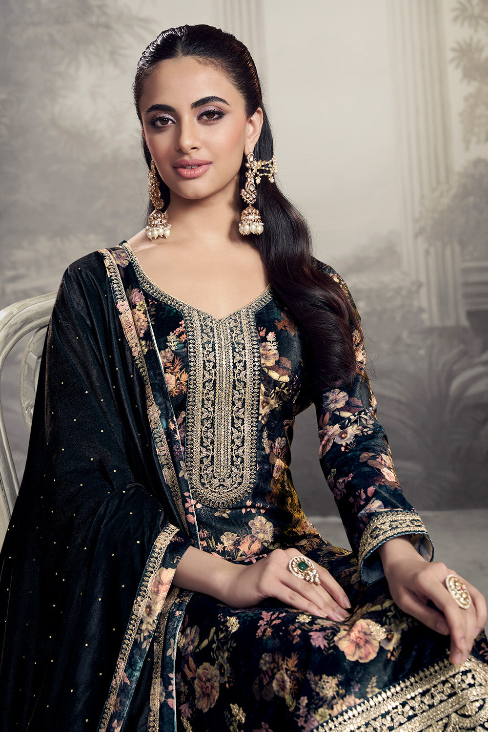 Grey Velvet Floral Printed And Embroidered Unstitched Suit Fabric