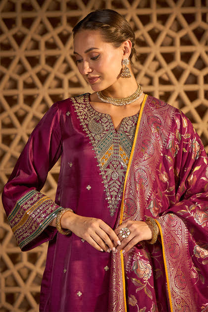 Wine Silk Embroidered Unstitched Suit Material With Banarsi Dupatta