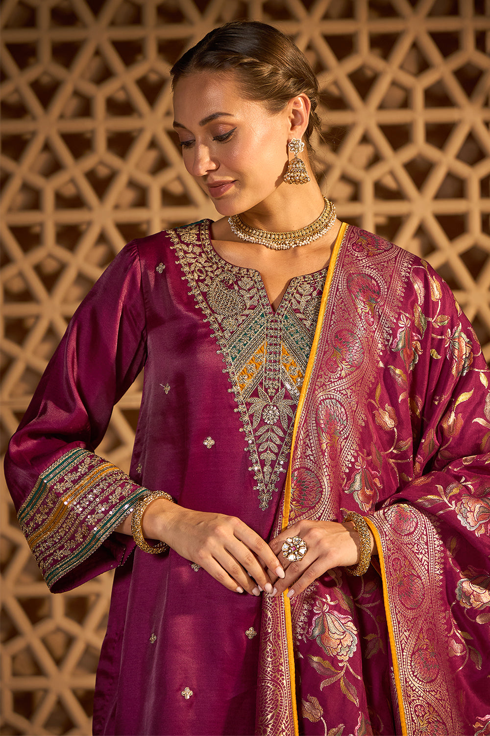 Wine Silk Embroidered Unstitched Suit Material With Banarsi Dupatta