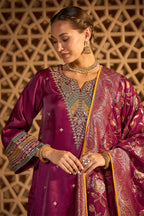 Wine Silk Embroidered Unstitched Suit Material With Banarsi Dupatta