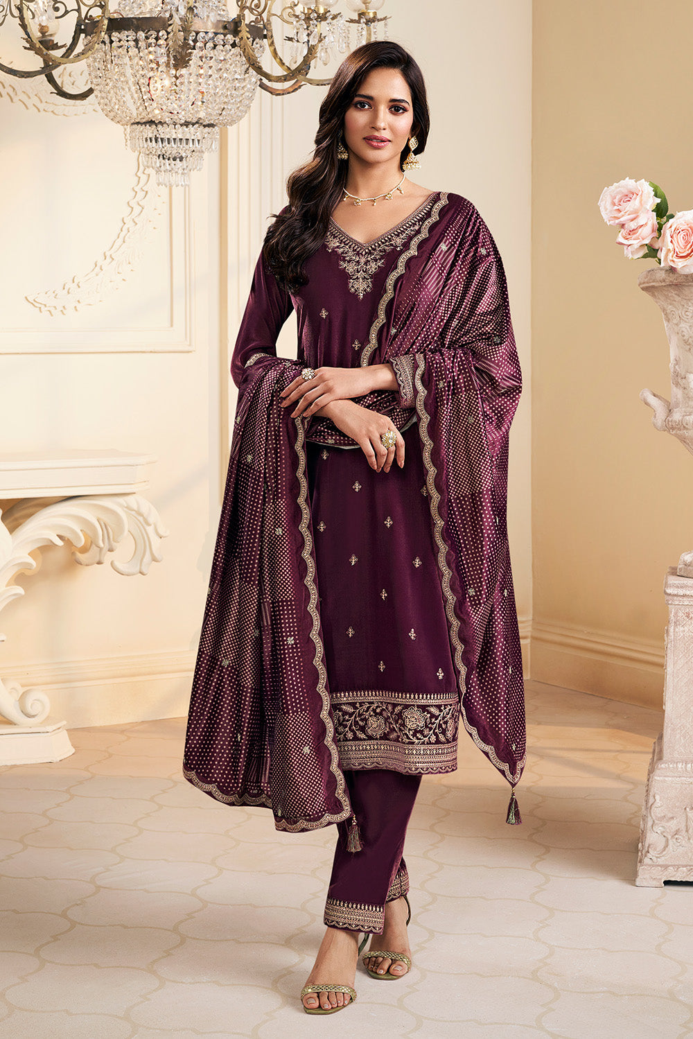 Wine Velvet Zari and Sequins Embroidered Unstitched Suit Fabric