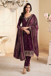 Wine Velvet Zari and Sequins Embroidered Unstitched Suit Fabric