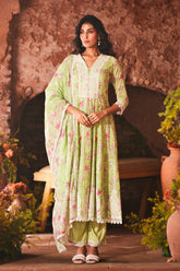 Pista Green Color Cotton Floral Printed and Resham Embroidered AnarkalI Suit