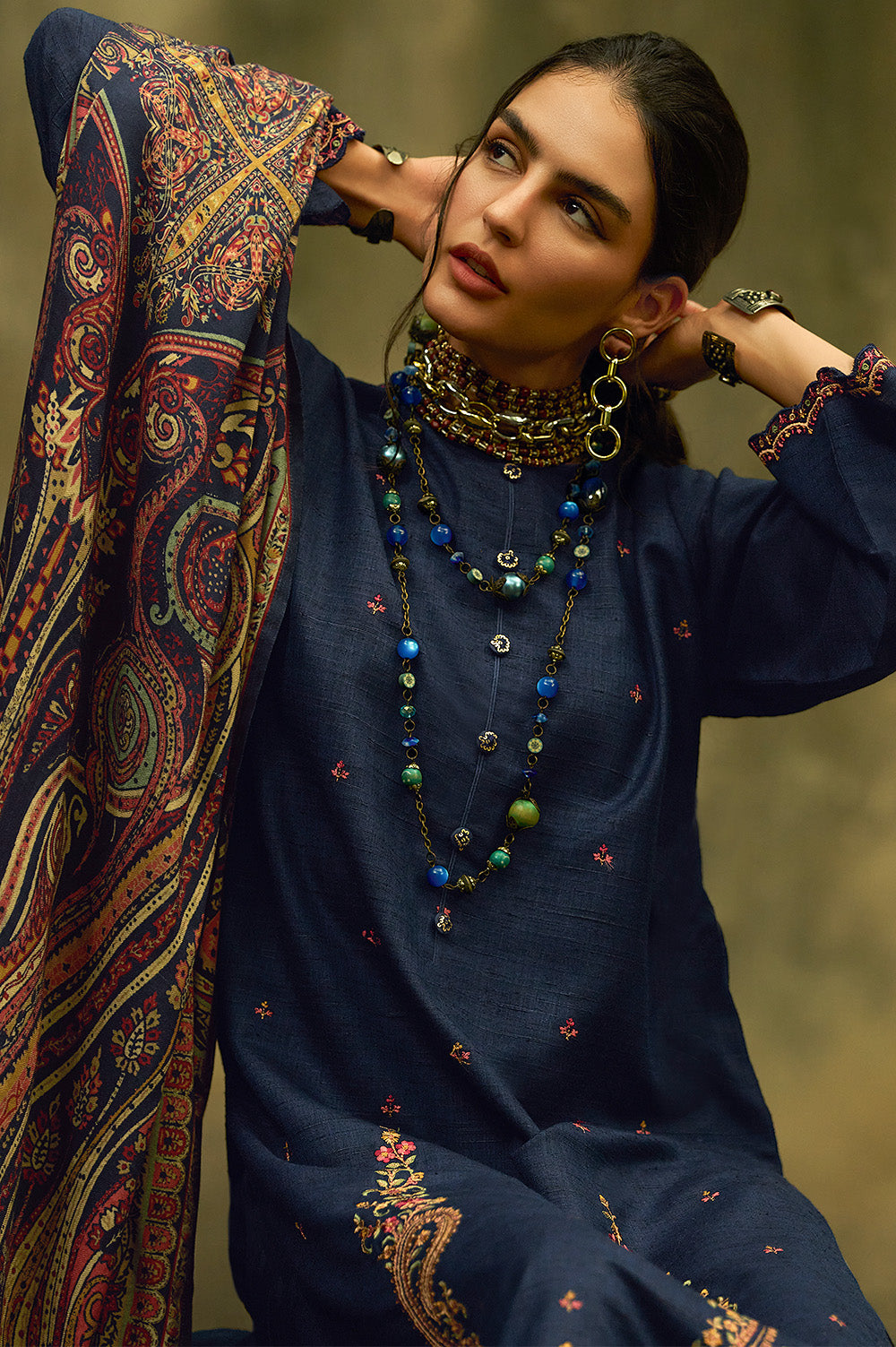 Navy Tussar Silk Resham Floral Embroidered Unstitched Suit Material