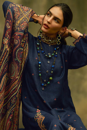 Navy Tussar Silk Resham Floral Embroidered Unstitched Suit Material
