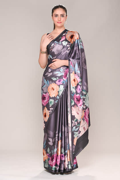 Lavender Color Satin Silk Printed Saree