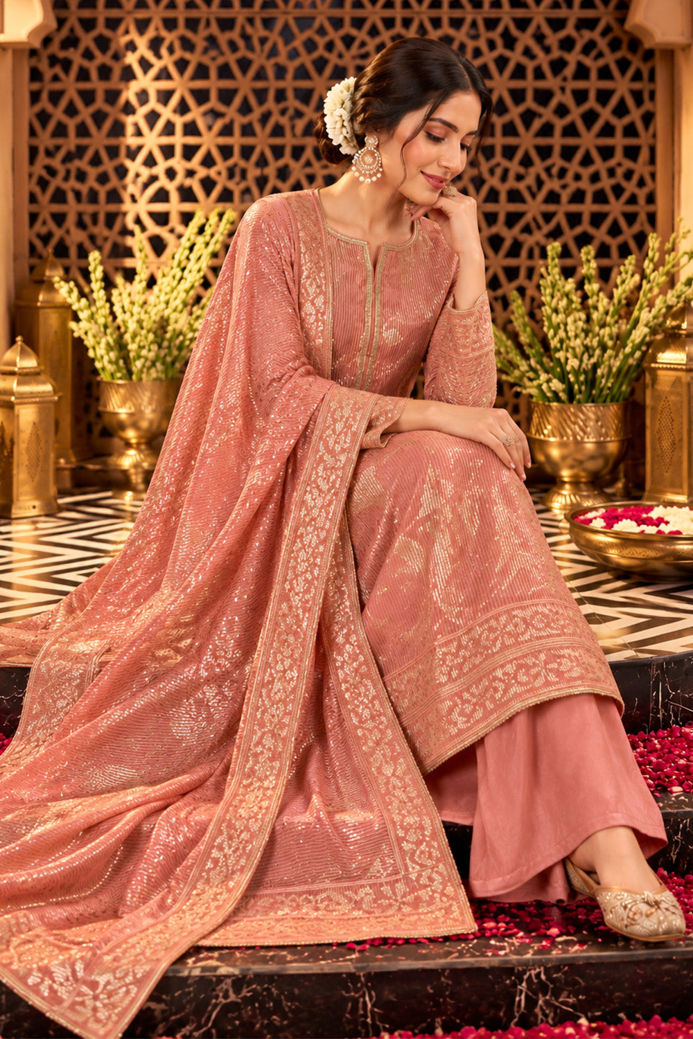 Pink Tissue Sequins Embroidered Unstitched Suit Material