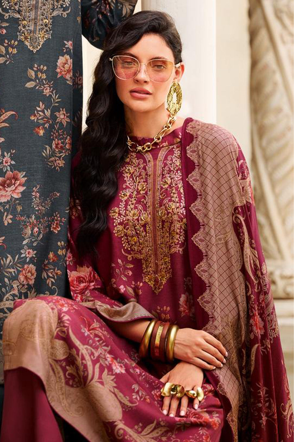 Maroon Spun Floral Printed Unstitched Suit Fabric