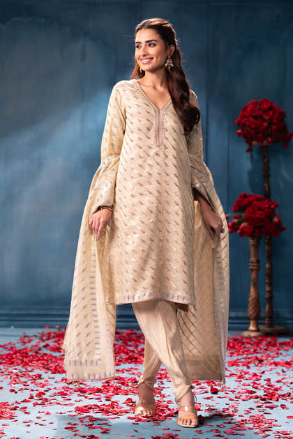 Cream Pure Metallic Tissue Sequins Embroidered Suit