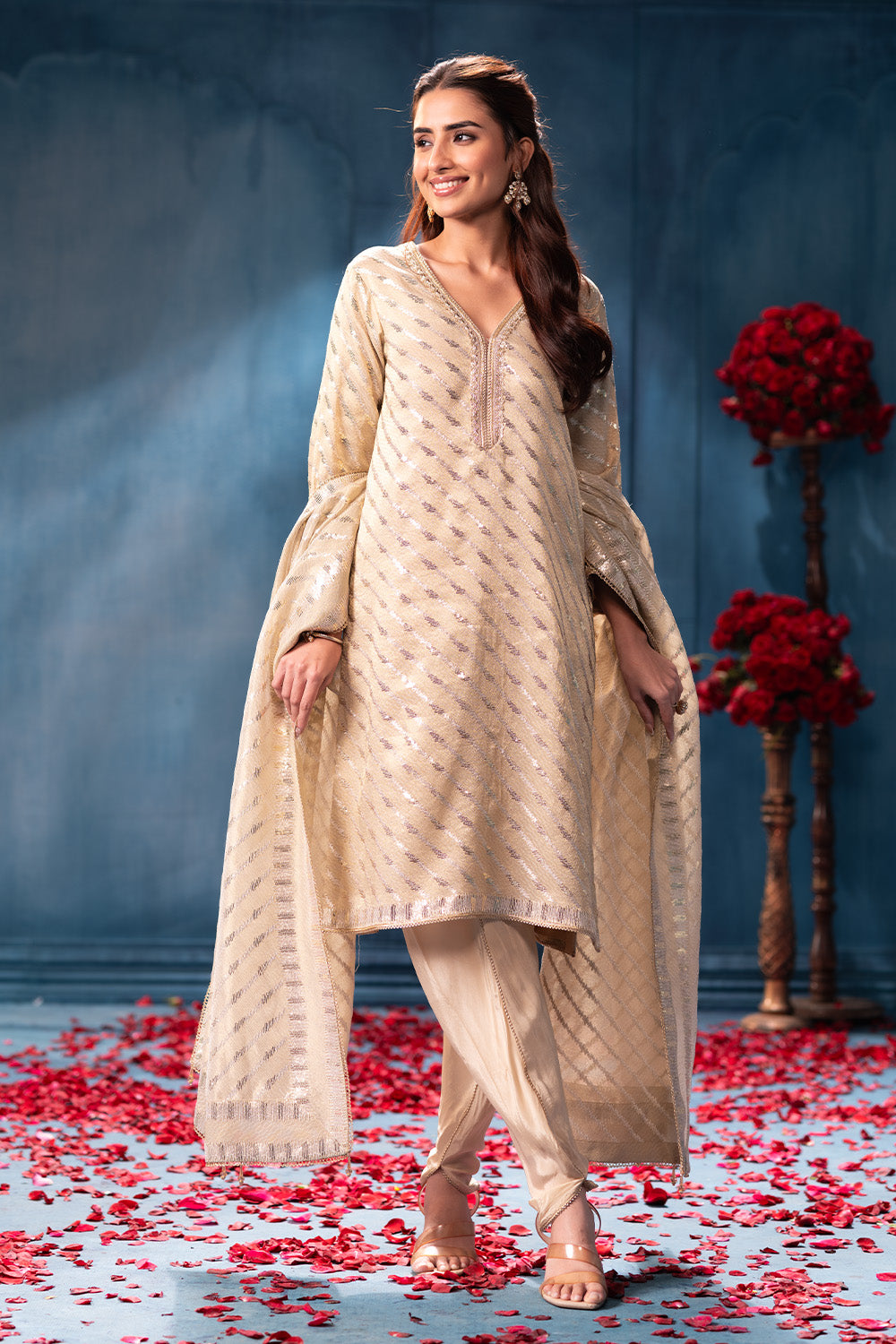 Cream Pure Matelic Tissue Sequins Embroidered Suit