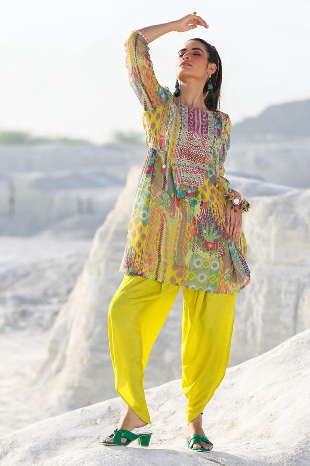 Lemon Color Chiffon Printed Co-Ord Dress With Dhoti Style Pants