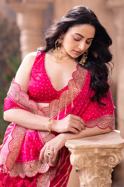 Magenta Pink Gajji Silk Embroidered and Printed Saree