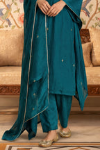 Teal Neck-Embroidered Silk Straight Suit