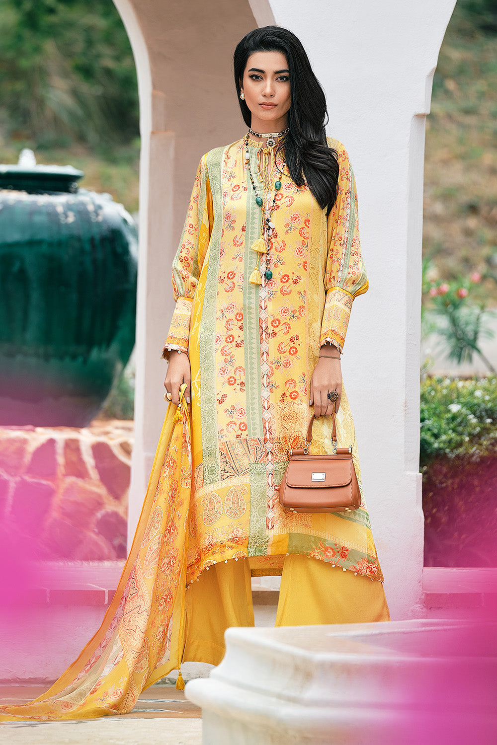 Mustard Colour Satin Floral Printed Unstitched Suit Material