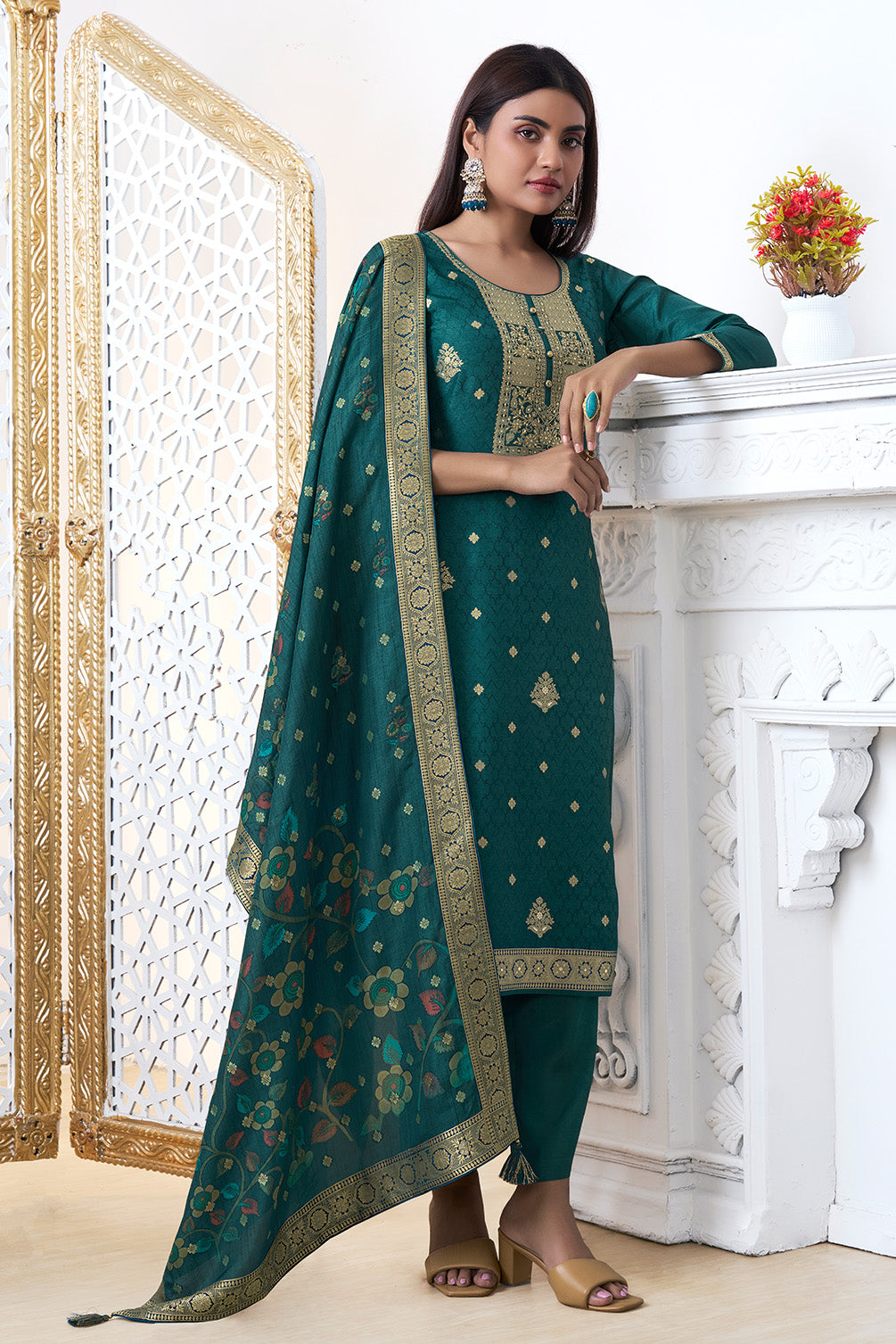 Teal Silk Zari Woven Suit Set