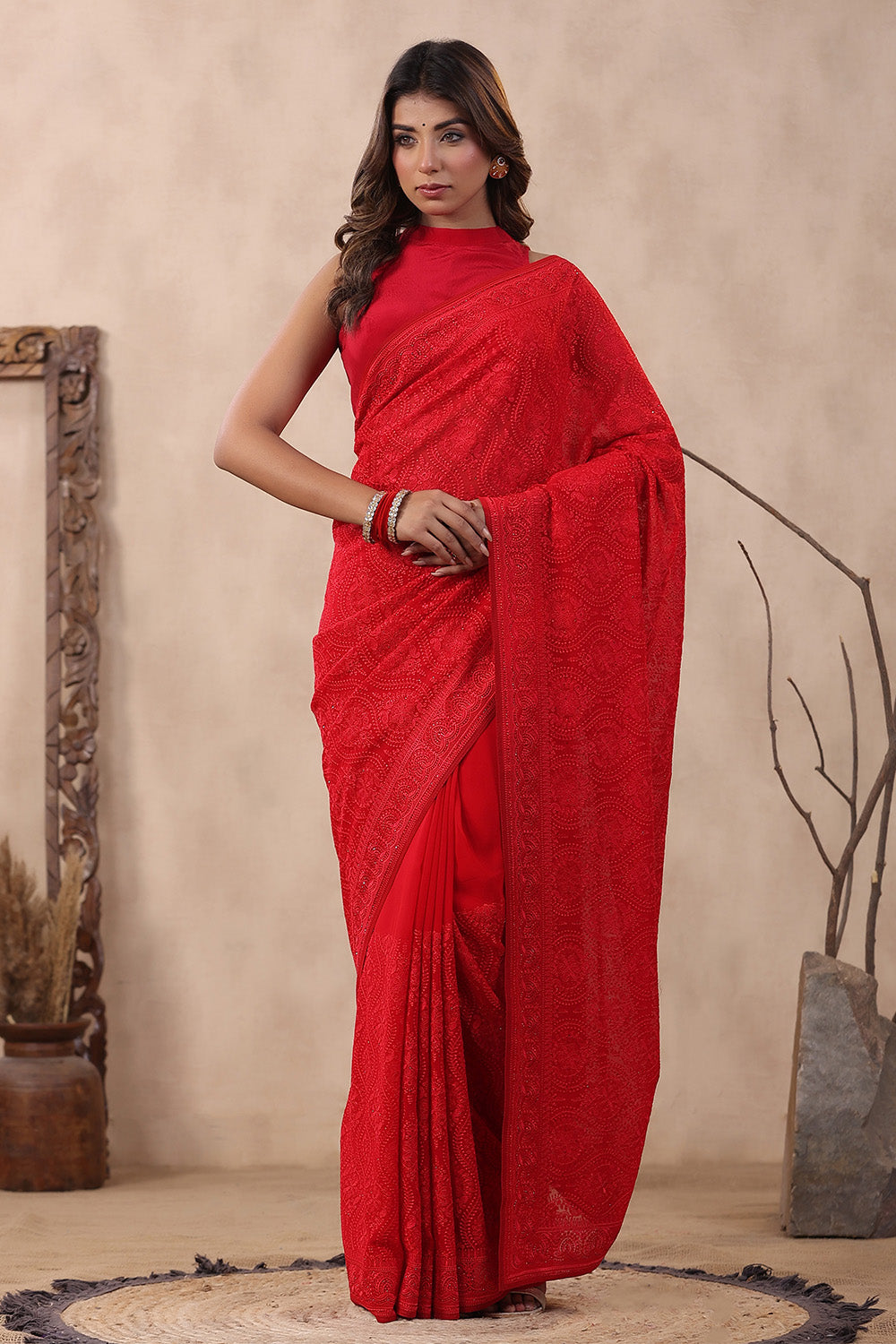 Red Green Color Embroidered Georgette Saree