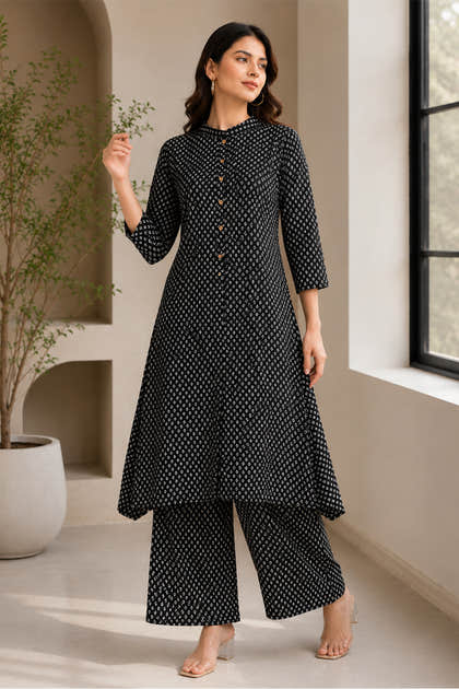 Black Cotton Printed Kurta Set