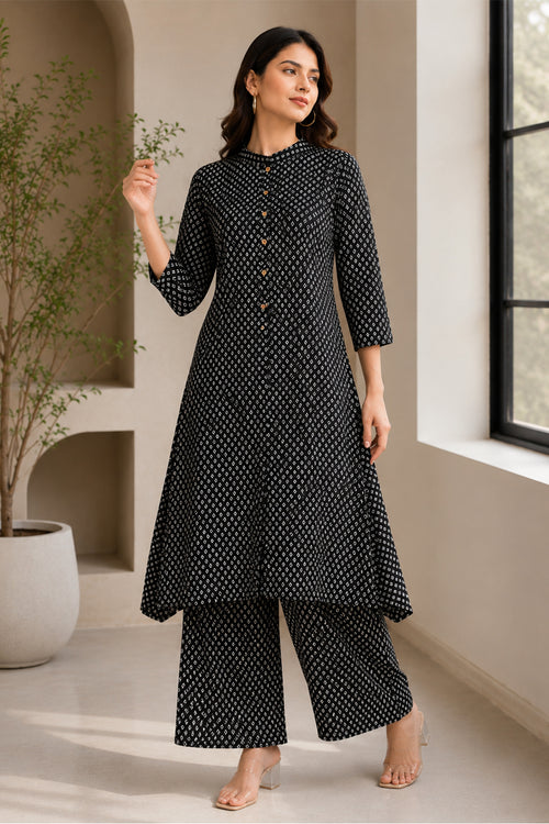 Black Cotton Printed Kurta Set